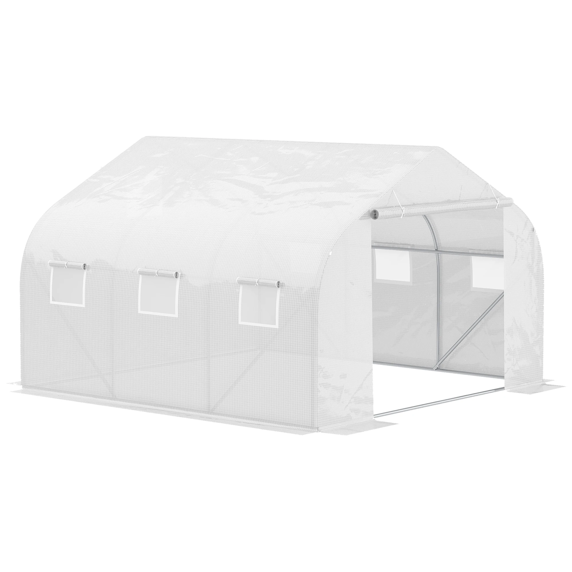 Outsunny kas-tuin Tunnel 10,5 m² dim. 3,5L x 3l x 2H m Deur + 6 ramen oprolbaar stalen zeil PE hoge dichtheid Wit