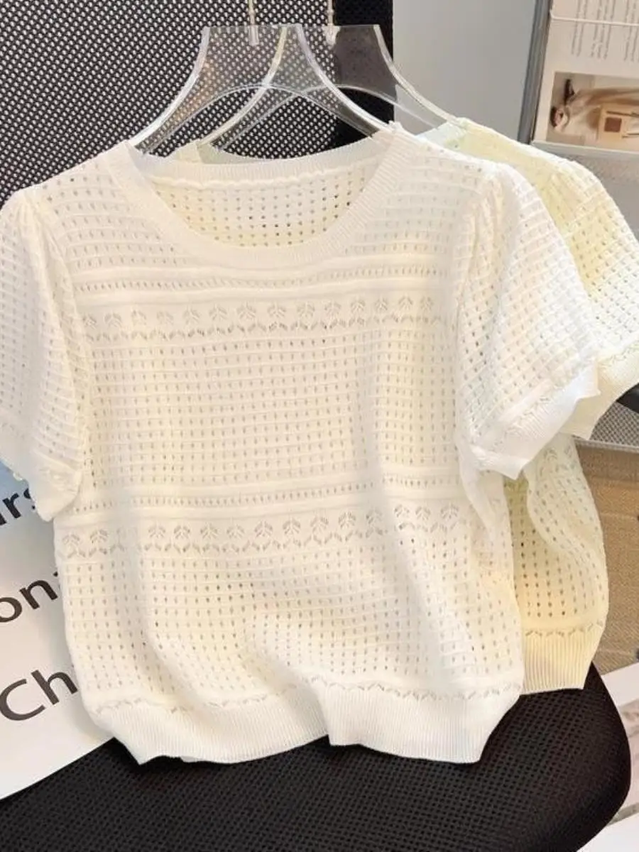 2024年新作アイスシルクニットトップス-レディース-ホワイト-サマー-ラウンドネック-ホローアウト-半袖tシャツ-薄手-オーバーヘッドカラー-ニードル