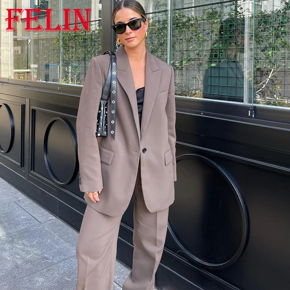 TRAFZA Woman Fashion 2023 Autumn Brown Office Lady Woman Suits Loose V Neck Blazer+High Waist Long Leg Pants Vintage Women Sets