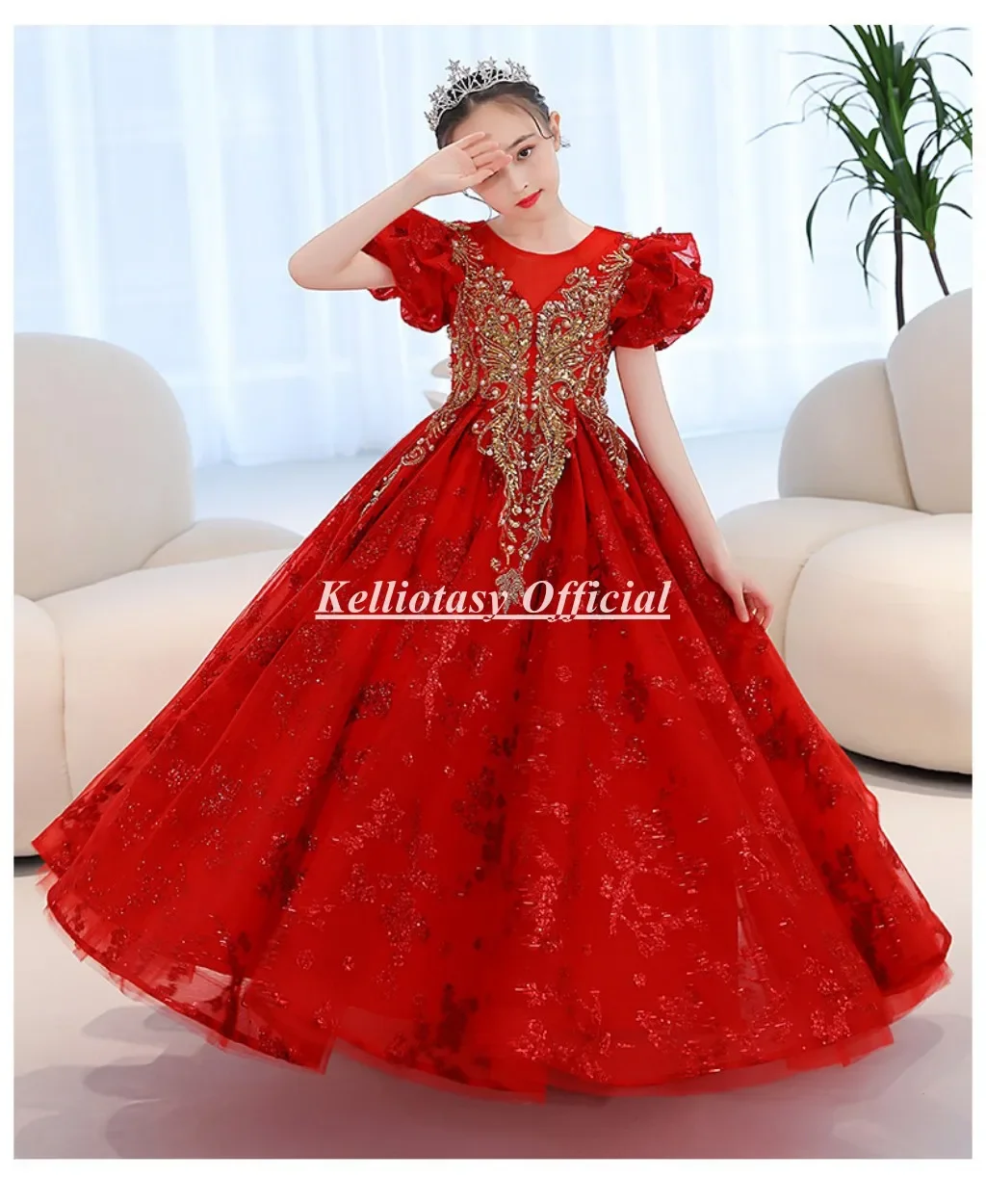 Gaun Catwalk Anak Kustom Gaun Gadis Bunga Putri Merah Mewah dengan Applique Renda LZ002