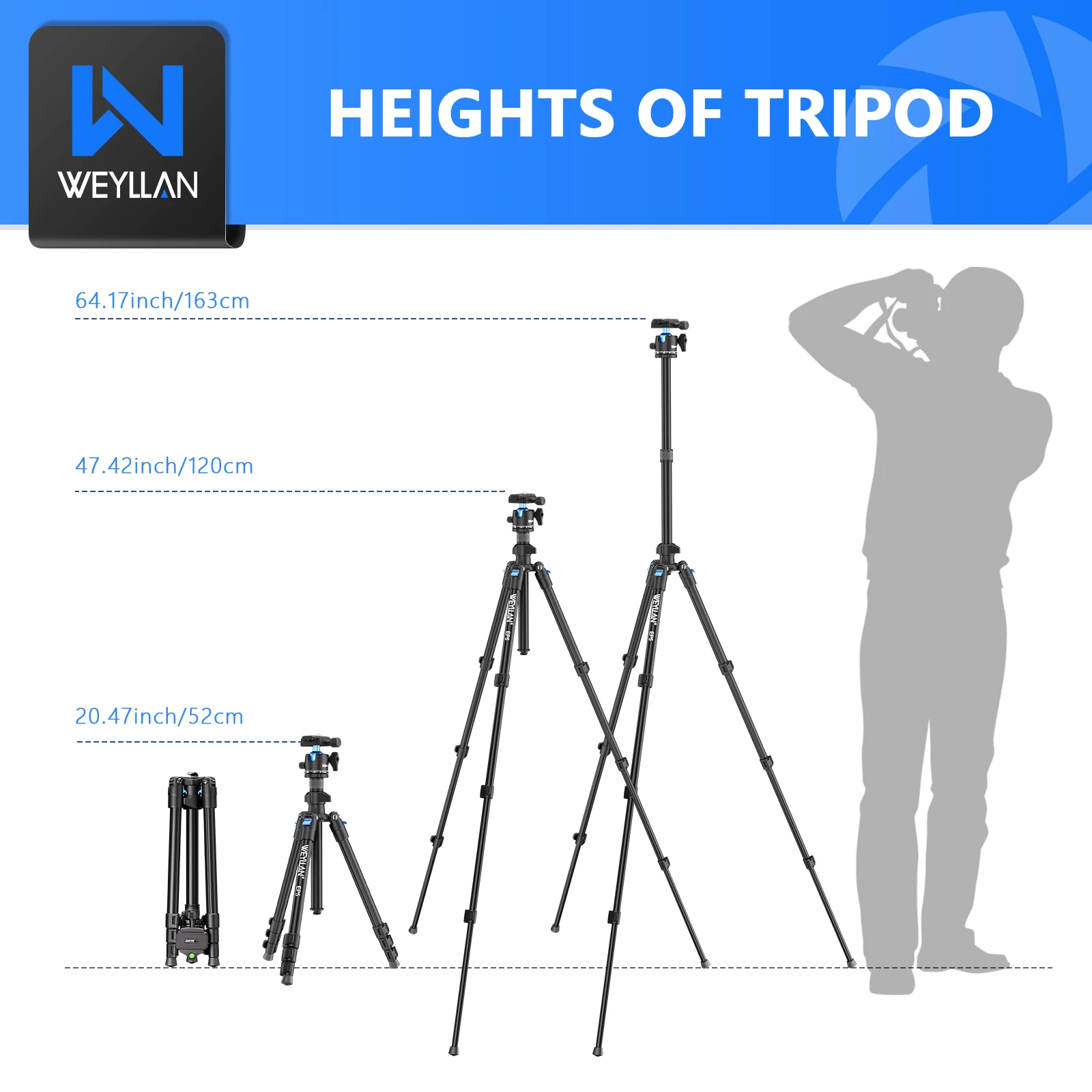 Weyllan EP5 Light Travel Professional Tripod Aluminum Alloy Tripod Arca Siwss 38mm Ball Head Light tripod Fast Flip Lock