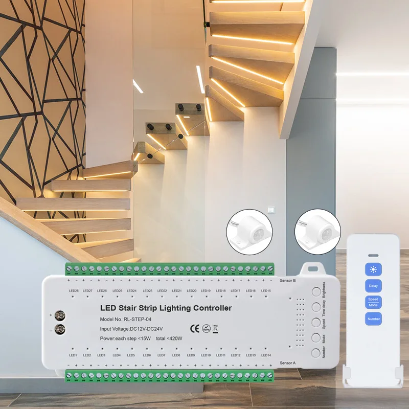 

28 Steps Stair Lighting Controller With PIR Motion Sensor 28 Channels Stair Strip Dimmer DC12V 24V For Home Staircase Use