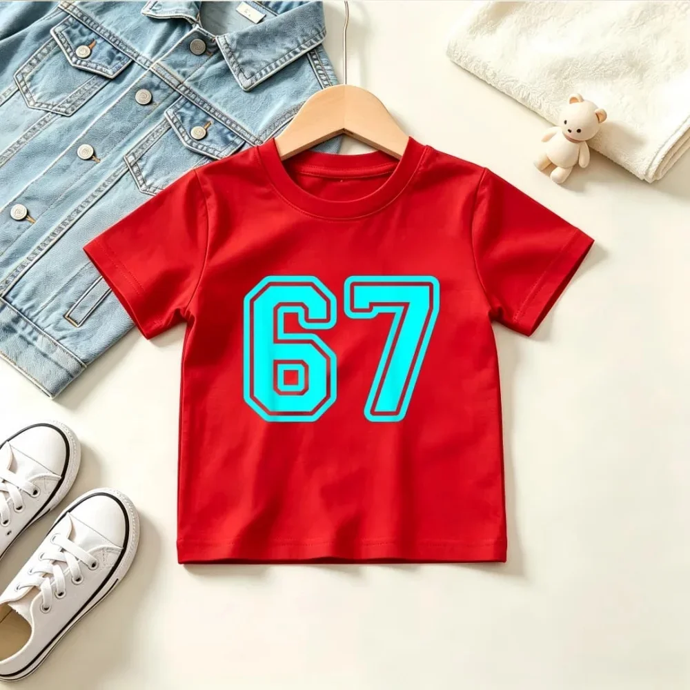 Kids Short Sleeve T Shirt Bright Cyan Outline Number 67 Sporty Letter Print O-Neck  Tee Simple Stylish Design Casual Daily Top