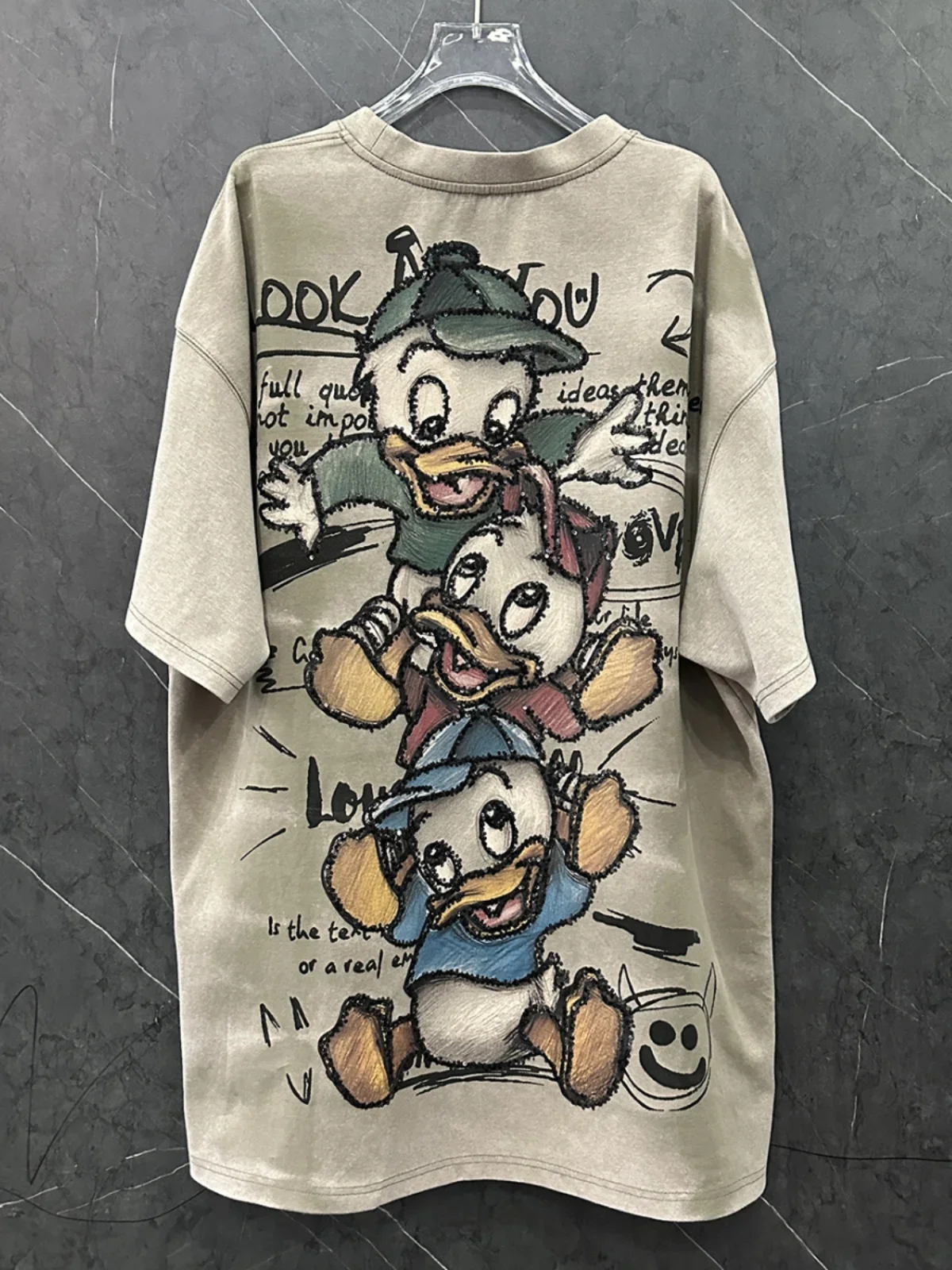 Heavy Industry Cartoon Sequin Printed Duck Short Sleeve T-Shirt Women's Loose Casual Mid Length Do Old Half Sleeve Top