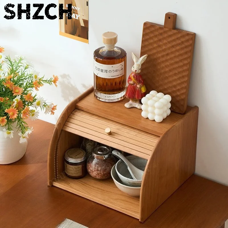 Vintage Cherry Wood Storage Cabinet with Roller Door Dustproof Organizer Box Countertop Spice Rack Home Tabletop Storage Holder