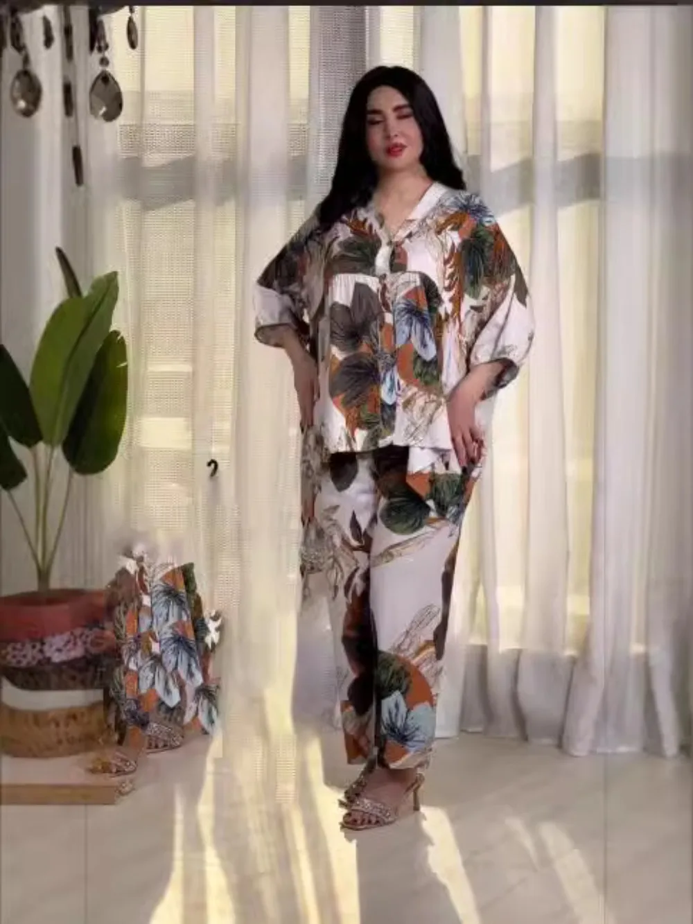 

Muslim 2 Piece Set Women Blouse Single Breasted Top Wide Leg Pants Suit Morocco Ensemble Dubai Islam Casual Femme Arabic Outfits