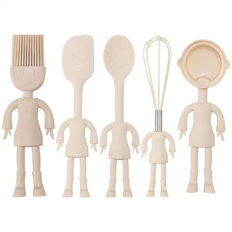 

5 Piece Silicone Baking Tool Set Whisk Oil Brush Spoon Measuring Tools Lightweight Portable Cartoon Design Safe Grip for