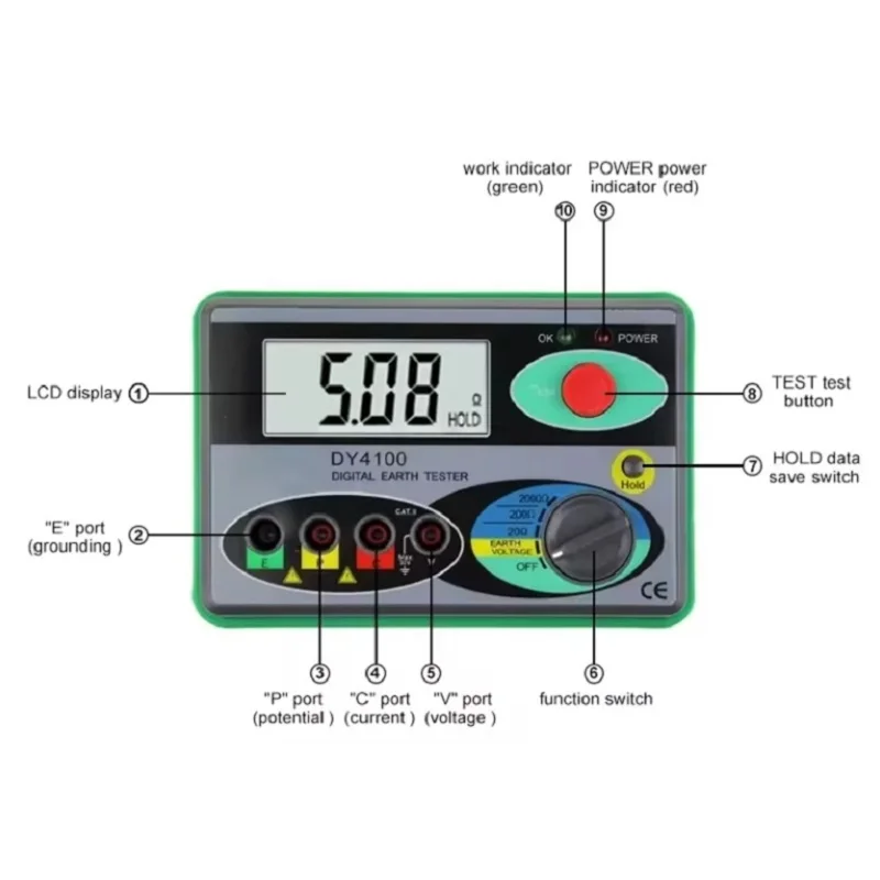 DUOYI DY4100 Digital Earth Ground Resistance Meter Meg-ohmmeter 0-2000 Ohm Instruments Inspection Electrician Resistance Tester