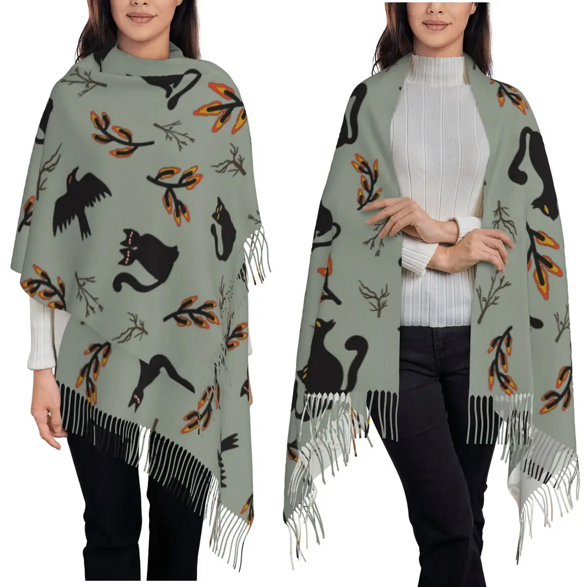 Crazy Halloween Black Cat And Crow Pattern Scarf Tassel Scarves for Women Soft Warm Shawls and Wraps Long Fall Winter Shawl Wrap