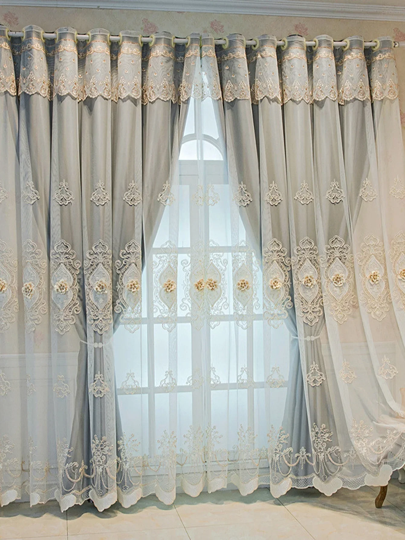 

High-blackout Cloth Double-layer Relief Embroidery All-in-one Floor-to-ceiling Curtain Floating Window Bedroom Jacquard Fabric