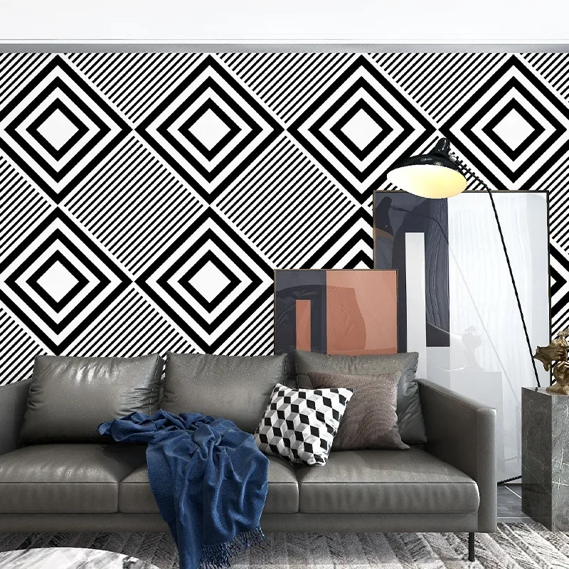 Black and white square wallpaper geometric pattern simple modern bedroom living room background wall plaid stripe wallpaper