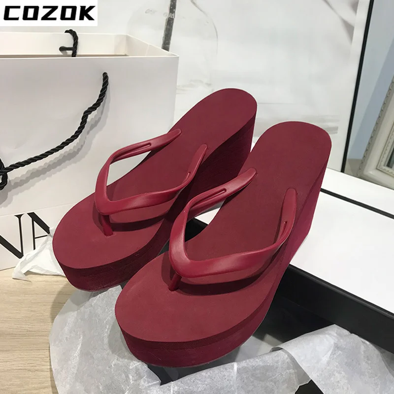 2022 Women Wedges Slippers High Heels Solid Ladies Slides Flip Flops Bathroom Female Shoes Casual Solft  Slip On Summer New