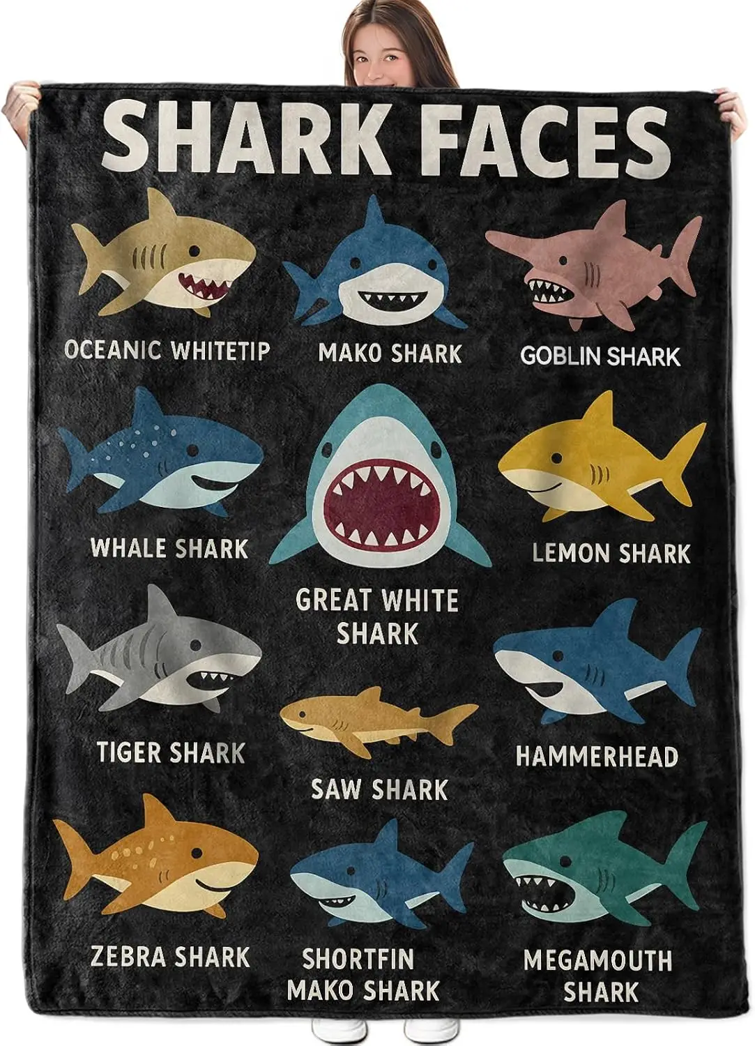 Cute Various Shark Faces With Name Text Dark Background Flannel Throw Blanket Soft Warm Cover For Toddler Boys Couch Aquatic