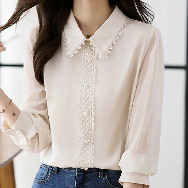 Females Chiffon Fashion Blouses for Women Elegant Clothing Puff Sleeves Tops Long Sleeve Office Ladies Tops Spliced Dropshipping