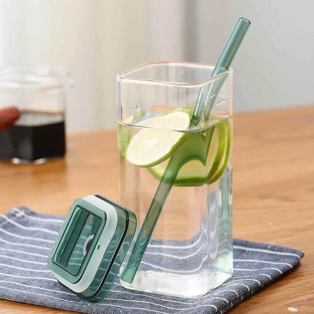 Square Glass Cups with Lids Straws Iced Coffee Glassware Set Square Borosilicate Glass Cup with Lid Straw 350ml for Iced