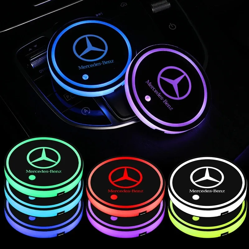 2pcs/set Car Luminous Coasters Water Cup Mat Holder Auto Styling For Mercedes Benz AMG W204 W205 W212 W213 W177 W176 W117 X253