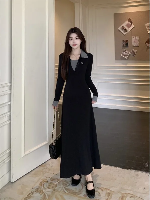 

plus Size Long Sleeve Wrap Neck Dress Autumn Winter New Style Slimming Design Color Block Base Long Dress for plus Size Women