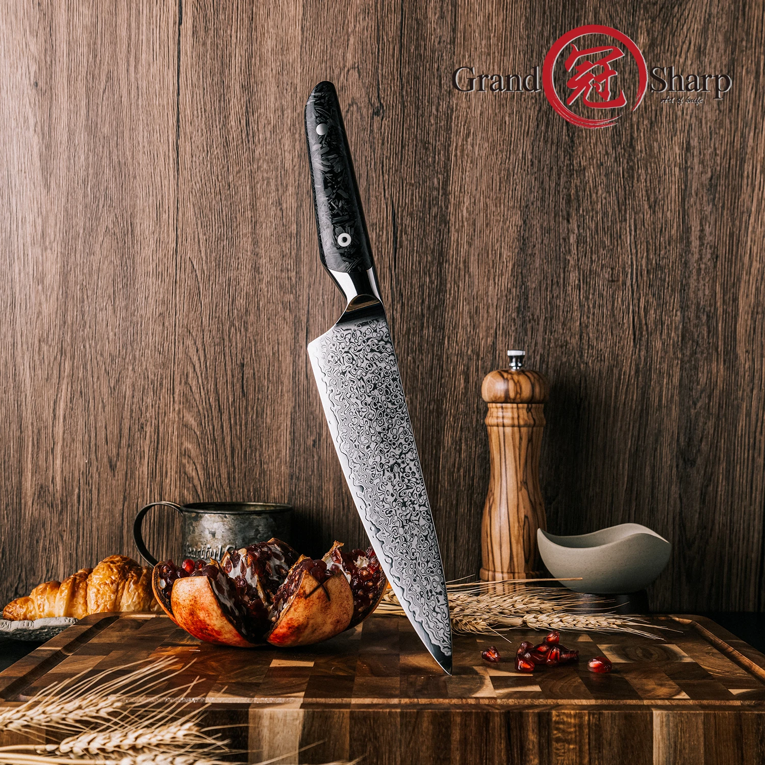 Grandsharp professionnel 8 pouces couteau de Chef acier damas 67 couches AUS-10 noyau résine noire et manche en Fiber de carbone couteau de cuisine