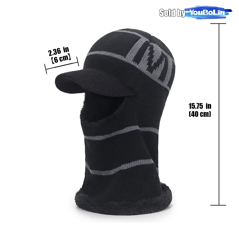 Unisex Winter Beanie Hat, Fleece Lined Peaked Skull Cap, Jacquard Knit Outdoor Cycling Windproof Ear Neck Warm Full Face Hat