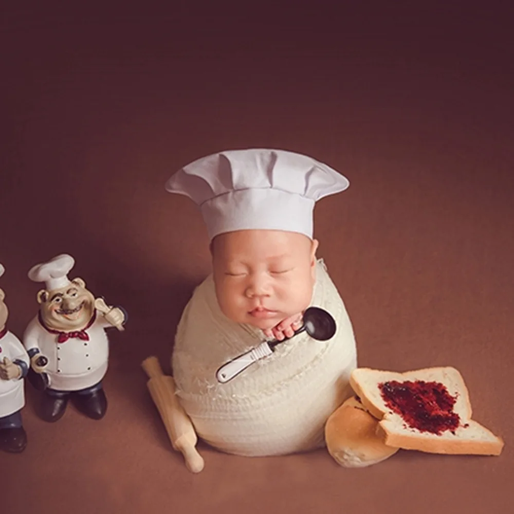 Bebe şapka yenidoğan fotoğraf şef şapkası Mini mutfak eşyaları ve aletleri takım bebek tema fotoğraf aksesuarları