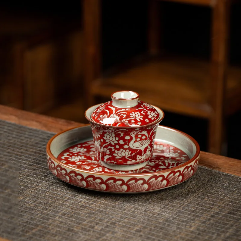 

High Quality Old Clay Glazed Red One Heron Three Talent Horseshoe Gaiwan Tea Cup Handmade Large Ceramic Bowl Set