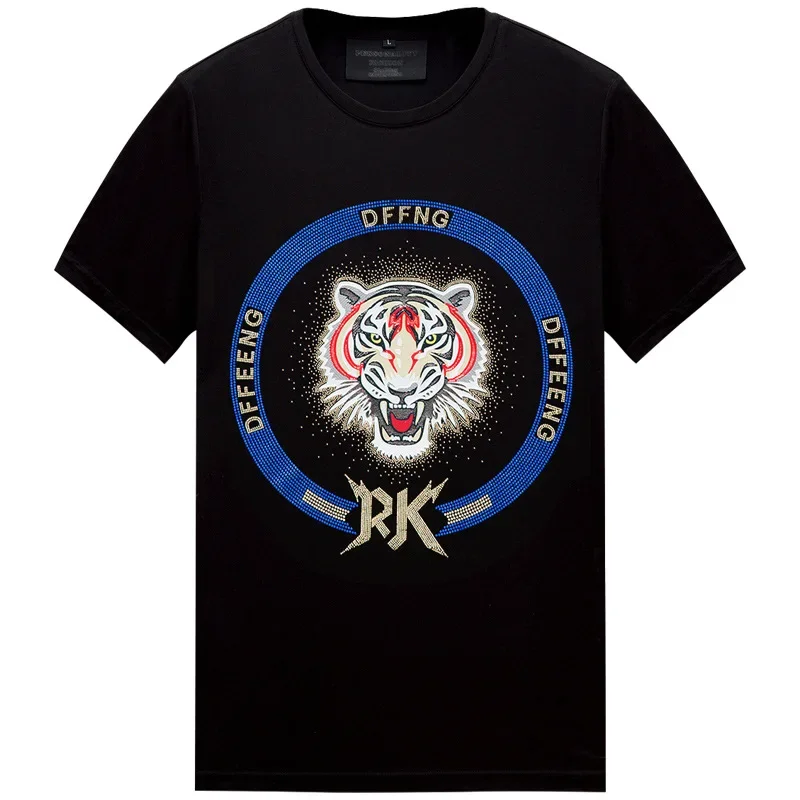 2024 Tiger Rhinestones T Shirts Men Summer Fashion Streetwear Mercerized Cotton Short Sleeve O Neck Slim Tshirts Plus Size 6XL