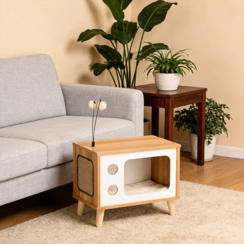 

Luxury Large Sturdy Wooden Cat Bed TV Shaped Cattery Furniture House for Indoor Cats
