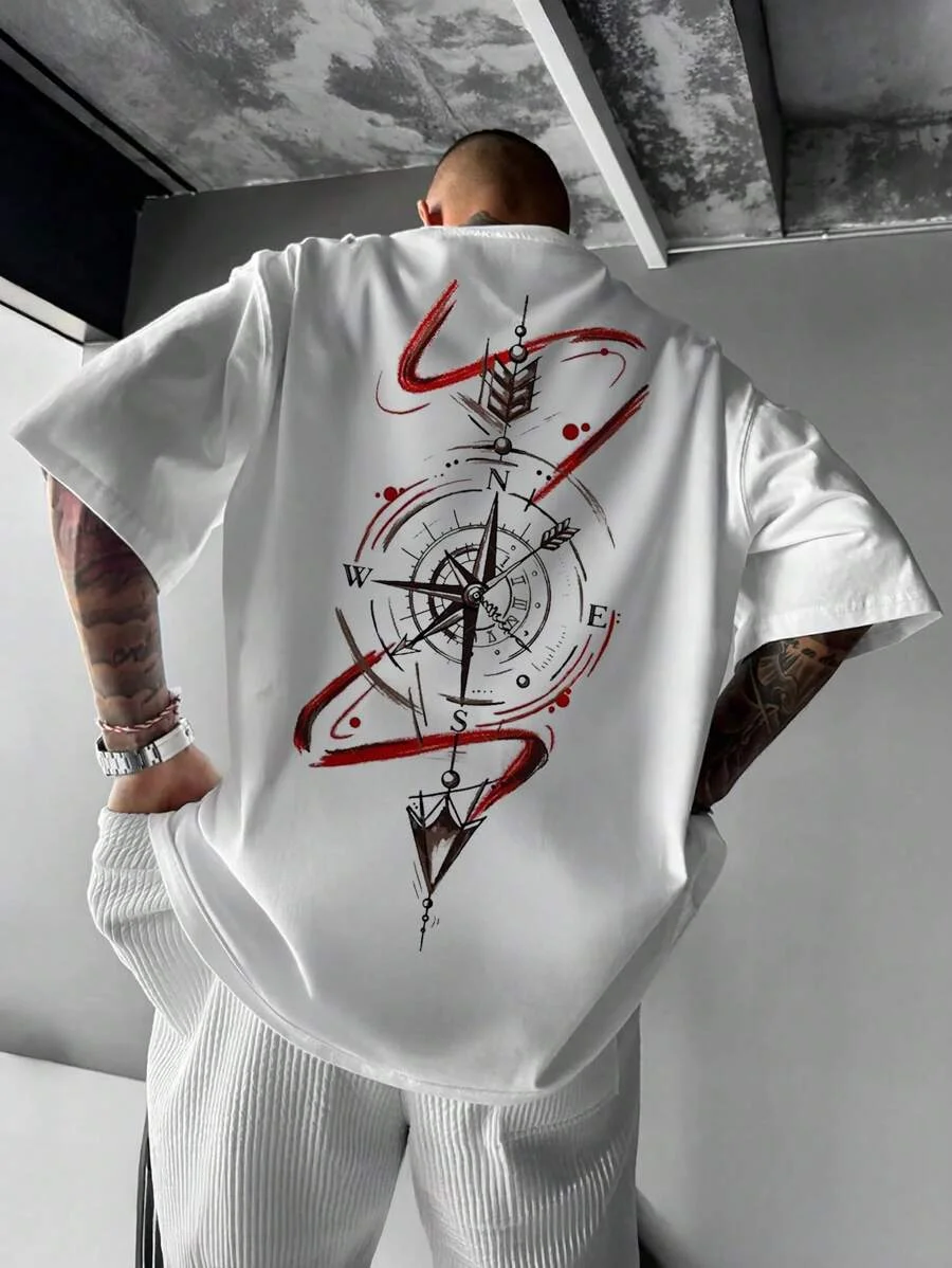 

Vintage Compass Pattern Printed T-shirt Men Summer Sweat-absorbing Breathable Comfortable Top Short Sleeve Trendy Men's Clothing