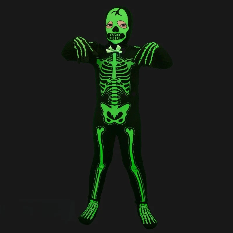 Ropa de Cosplay de Halloween para niños, disfraz de esqueleto luminoso negro para trajes de verano, ropa para niños