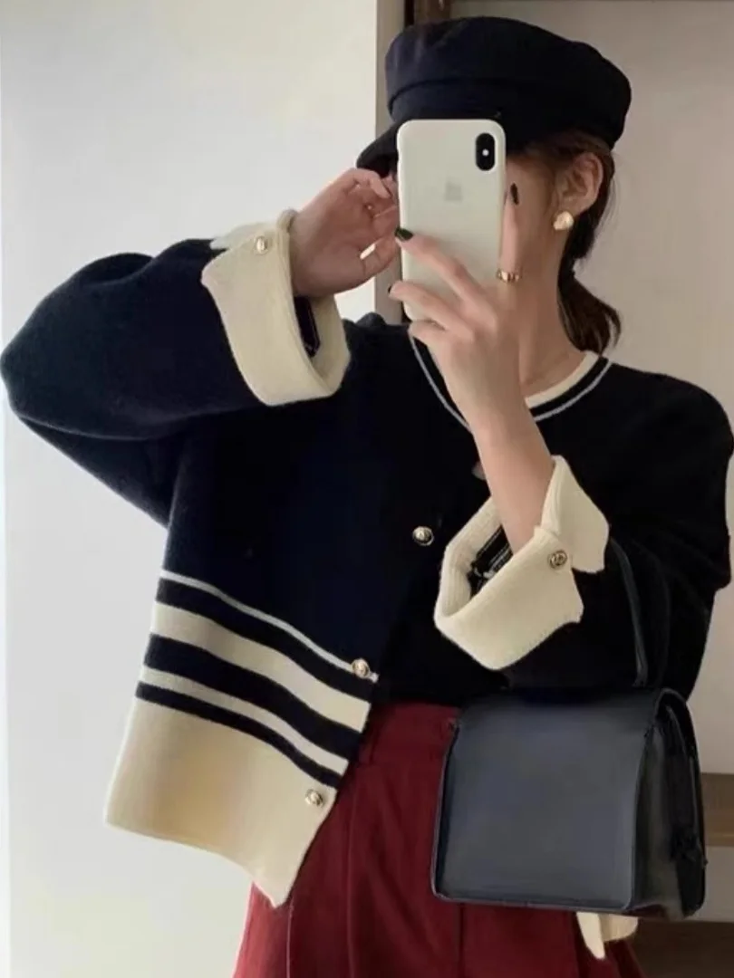 

Faionable Knitted Sweater Coat Women's round Ne Color Blo Autumn Winter New Arrival High End Sle ort Length Open Ca...