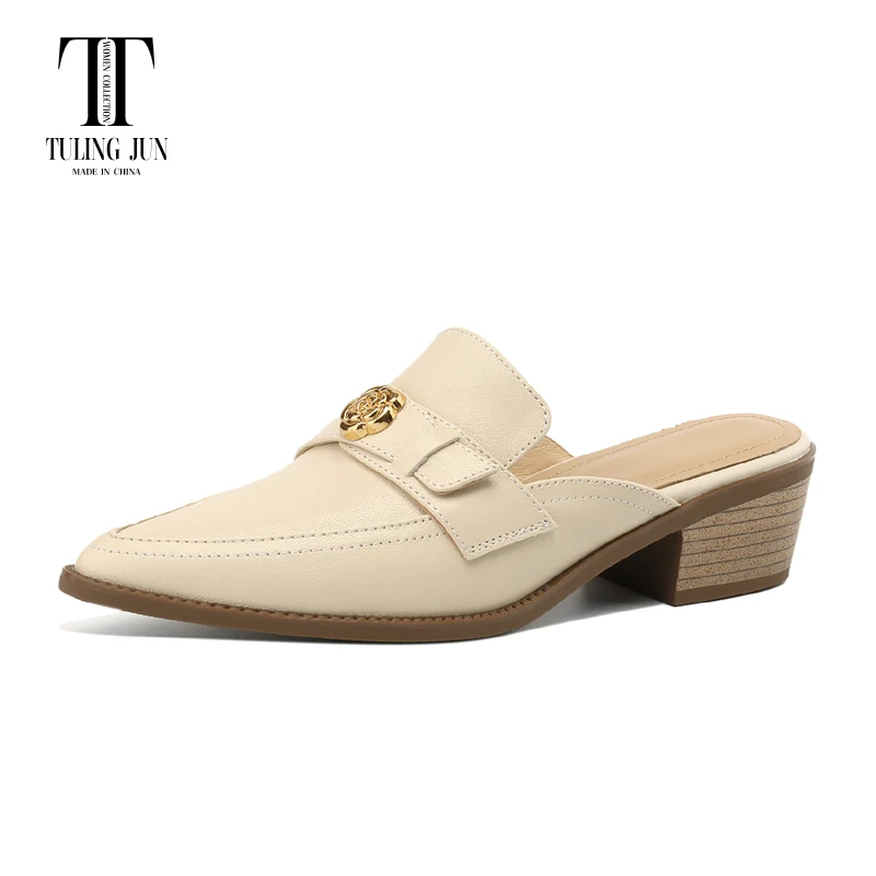 

TULING JUN 2024 Summer Lady Pointed Toe Retro Solid Color Slippers Med Heel Metal Decoration Concise Sandals For Women T-A37-35