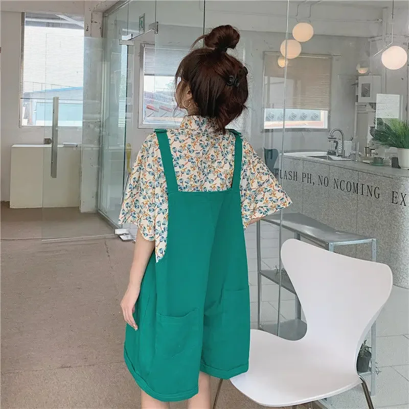 Summer Minimalist Casual Loose Streetwear Strap Short Pants Polo-Neck Short Sleeve Floral Shirt Stylish Women's Clothing Suit