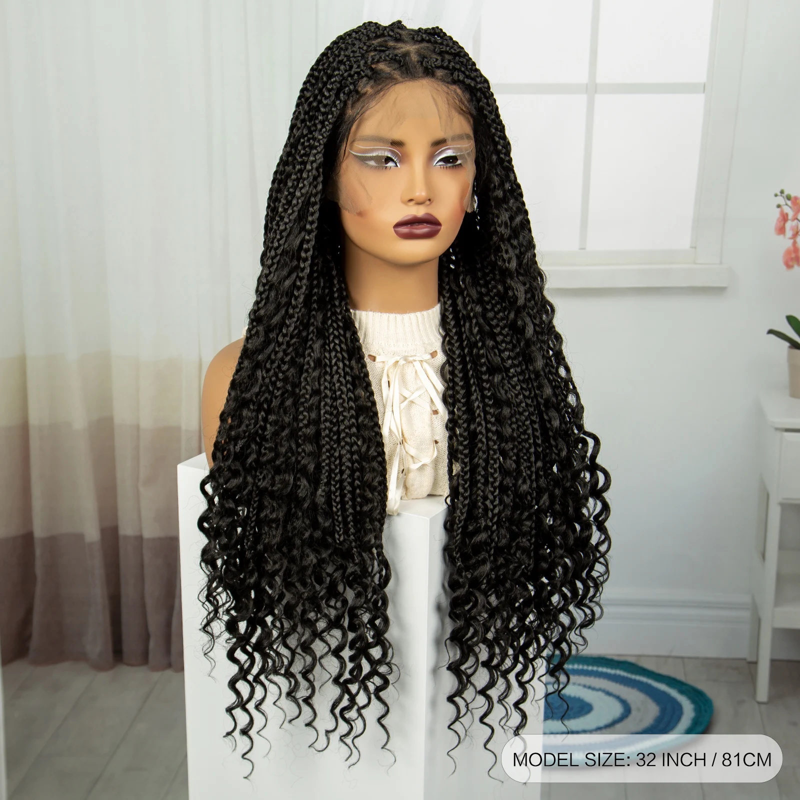 32 inch Synthetic Braided Wigs Full Lace Knotless Box Braids Wig Natural Curly Boho Braideds Wigs with Baby Hair for Black Women