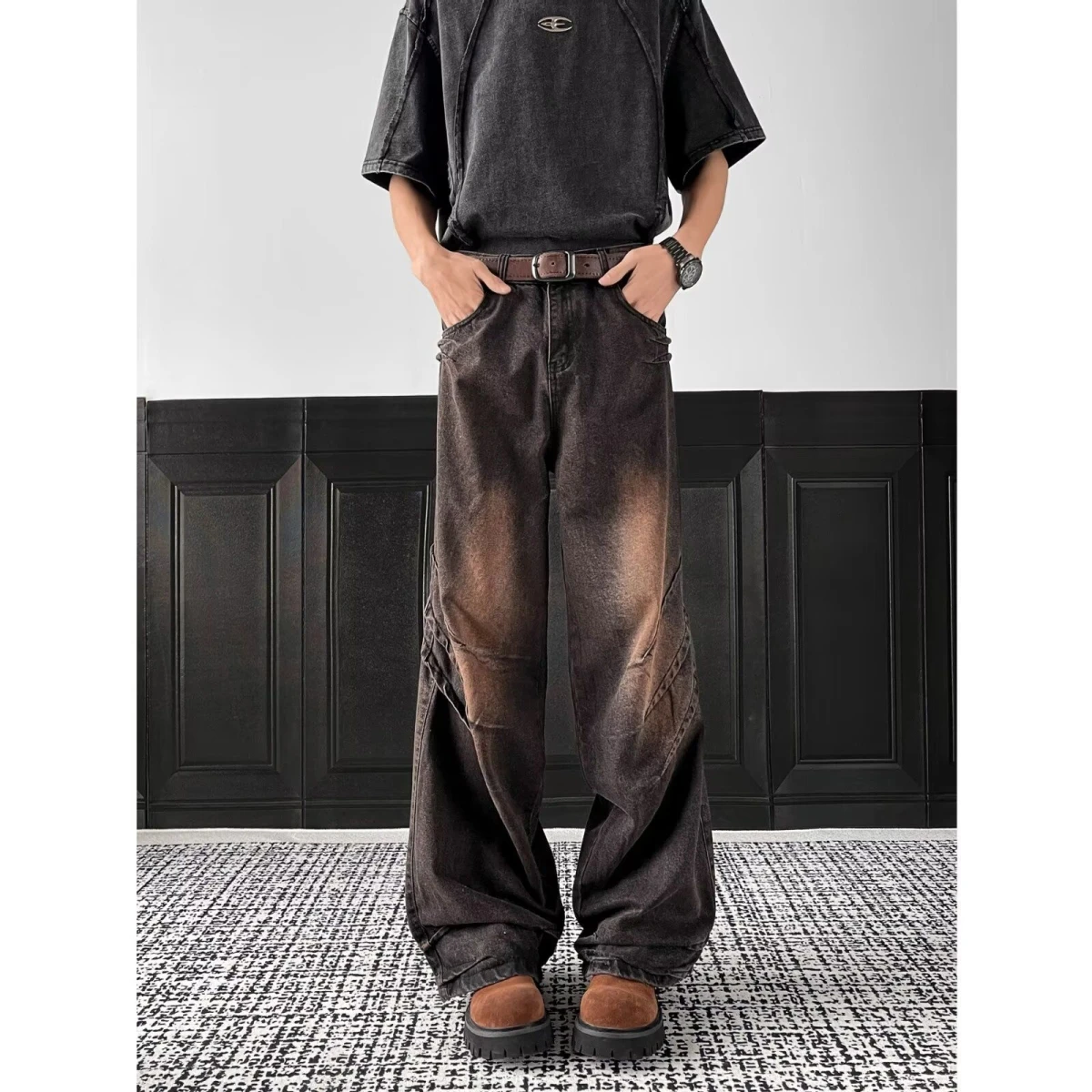 

Мужские джинсы в стиле ретро, американский грязевой дизайн, свободные прямые широкие брюки, винтажные брюки из хлопка и полиэстера, высокая эластичность