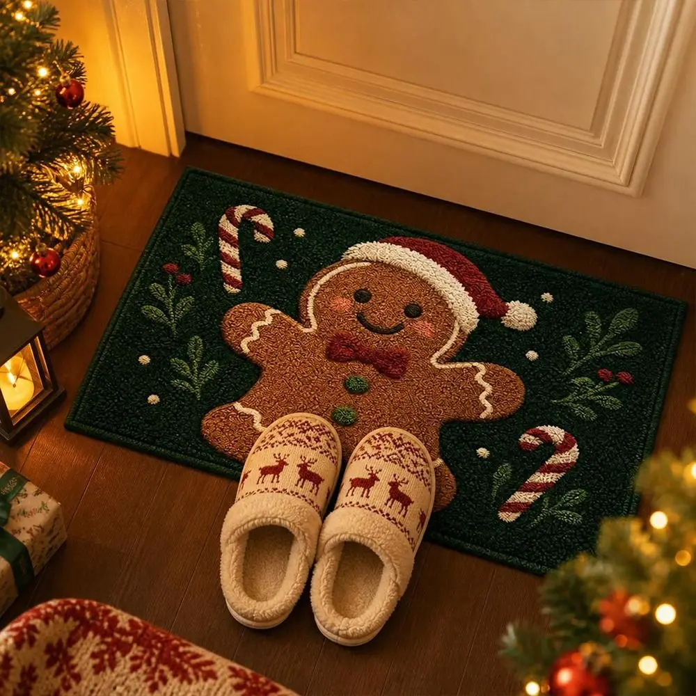 Water-absorbing Christmas Door Mat Gingerbread Man Pattern Santa Claus Design Anti-slip Pad Christmas Decor Bathroom Mat