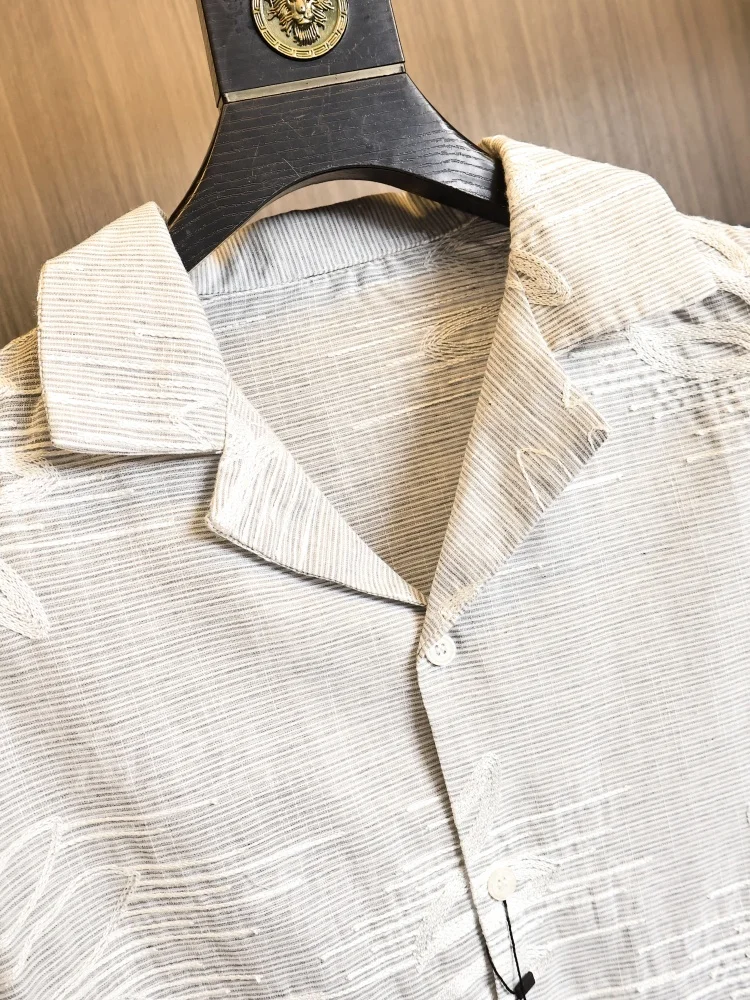 Skin-friendly Cuban Collar Short Sleeve Shirt for Men Fashionable Urban Style Loose Fit Modern Wind Embroidered Shirt