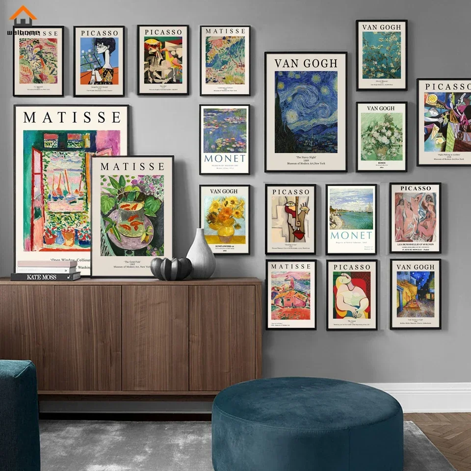 Vintage Famous Van Gogh Monet Matisse Picasso Poster Print Canvas Painting Retro Abstract Wall Art Pictures for Home Room Decor