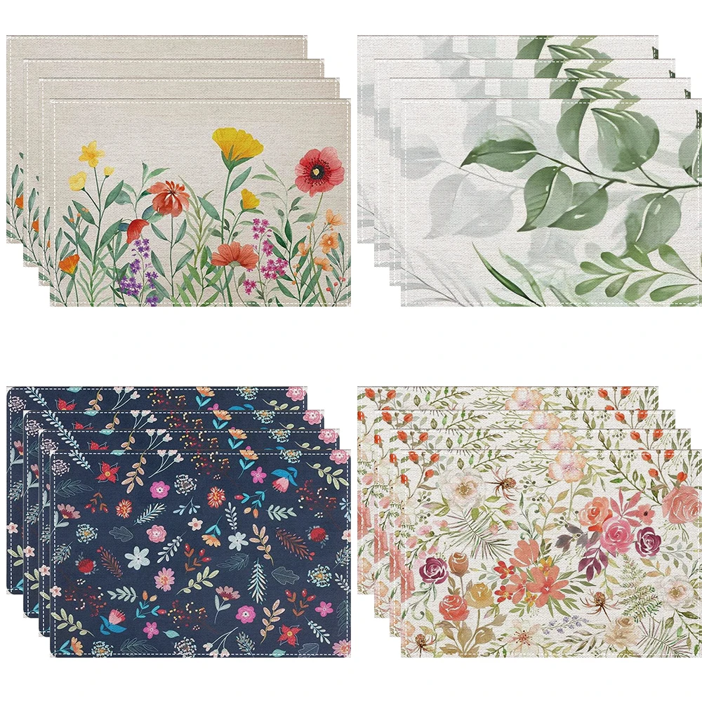 4/6/8 Stück Aquarell-Blumen-Tischsets aus Leinen, saisonale Tischsets für Party, Küche, Hochzeit, Esszimmerdekoration