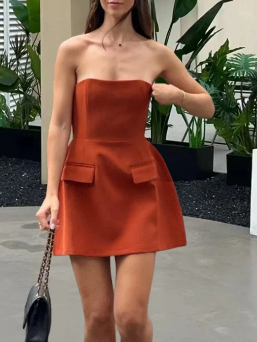 Dames Zomer Mini Feestjurk Elegante Mouwloze Off Shoulder A-Line Tube Topjurken Met 2 Zakken Vrouwelijke Cocktail Zonnejurk