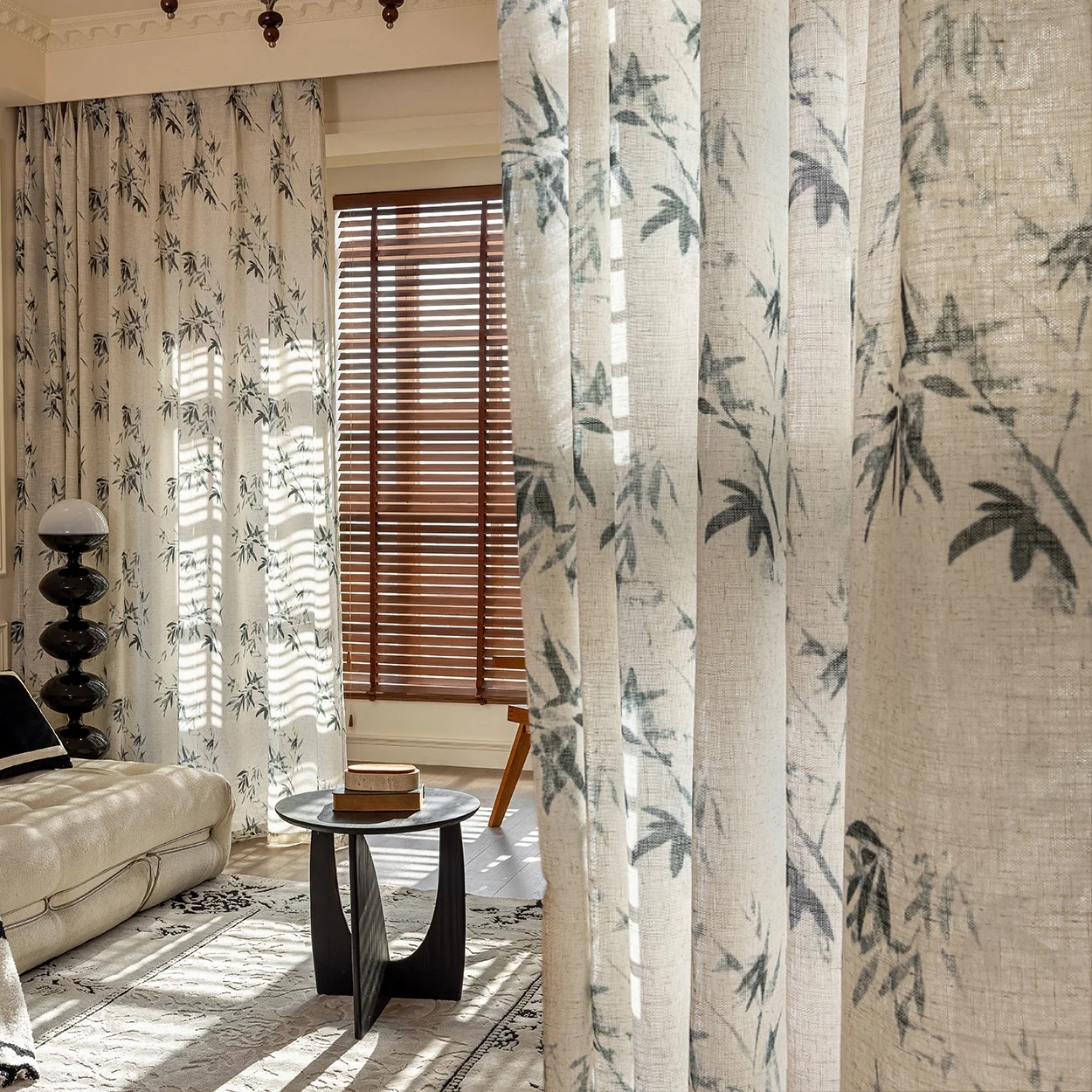 1pc New Ancient Bamboo Print Linen Window Curtain, UV Protection, Romantic Vintage Style, Suitable for Balcony and Dining Room