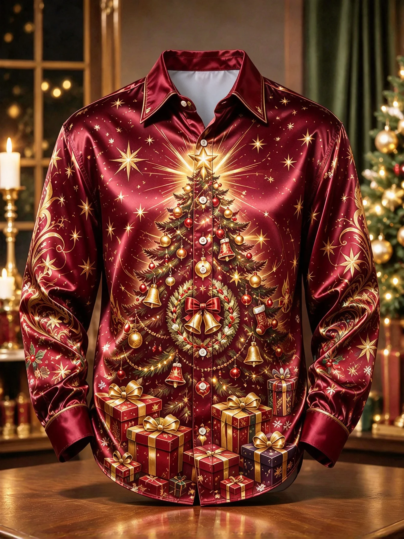Men's Satin Long Sleeve Shirt Green Christmas Tree Gift Bell Print Button Down Shirt Xmas Party Dress Shirt