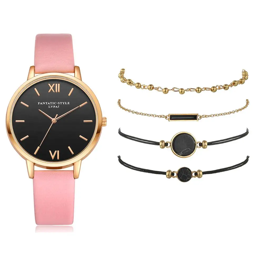 Reloj de pulsera de cuarzo analógico para mujer, con correa de cuero, negro, 5 uds., femenino