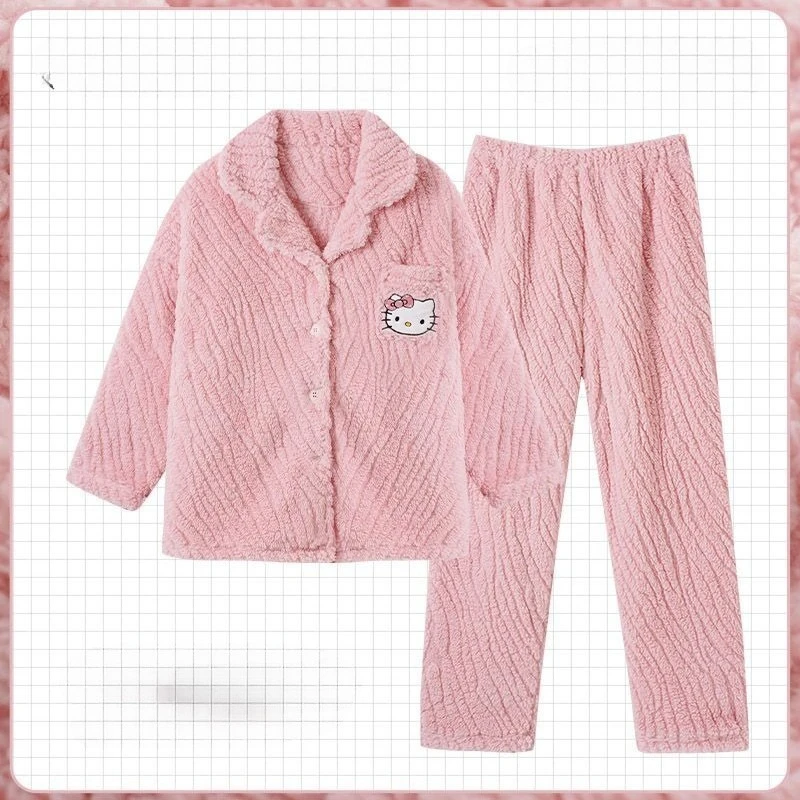 산리오 헬로키티 여성용 고품질 창의적인 잠옷 새로운 겨울 산호 양털 레저웨어 세트는 야외에서 착용할 수 있습니다