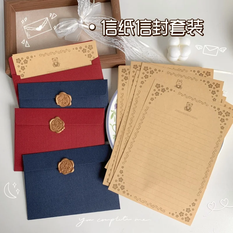 2pcsIns Style Japanese Korean Chinese Style Simple and Romantic Linen Envelope Letter Set Love Letter Cowhide White Paper Letter