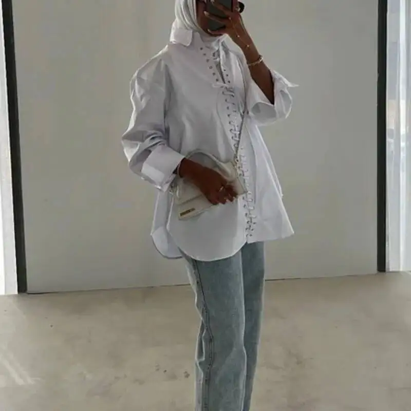 EAEOVNI Blusa de cor sólida para mulheres design de bandagem moda manga comprida camisa solta versátil 2025 novas roupas