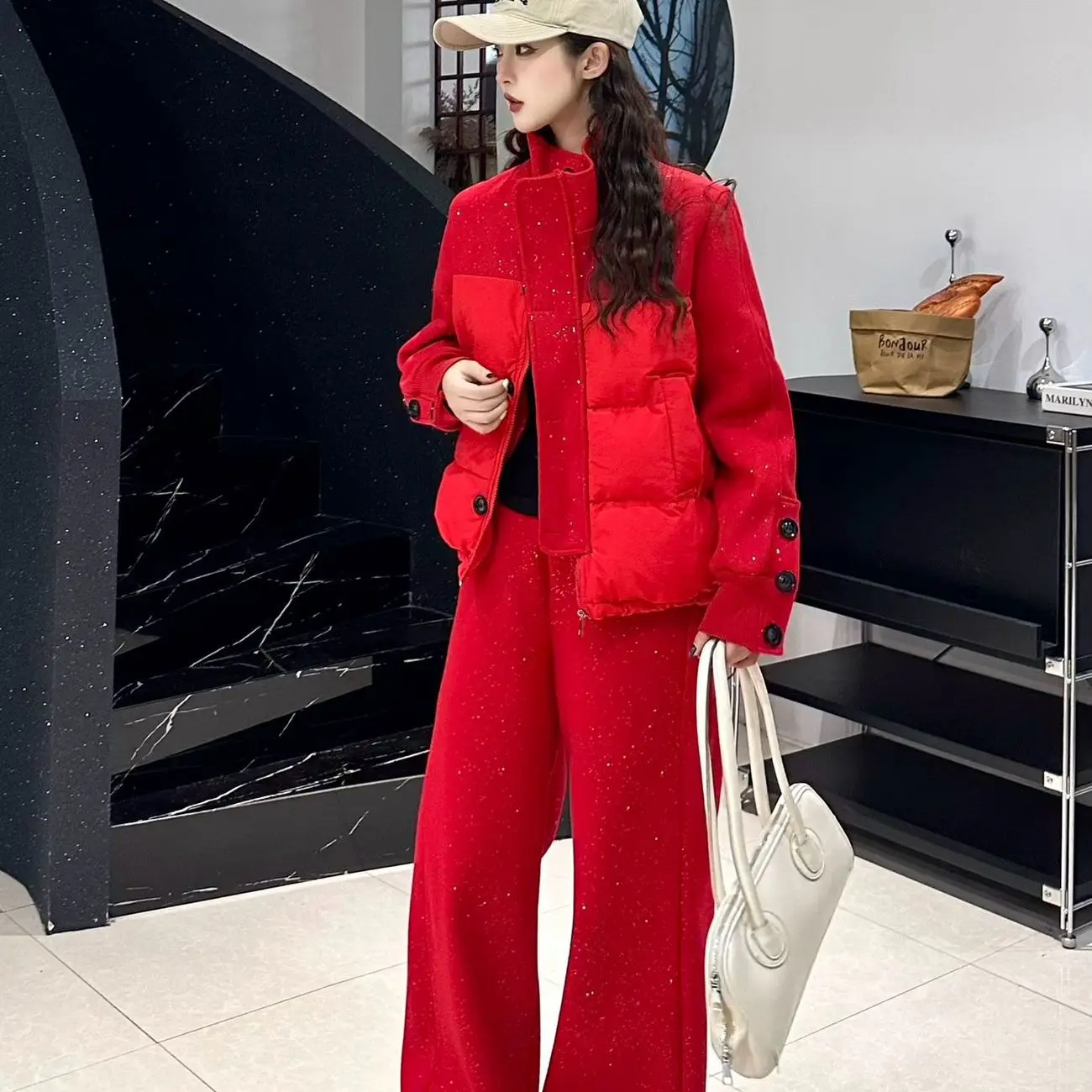 Womens Suit Winter Thiened Bread Cotton Two-piece set Warm Design Sense Small Fraance Wind Splicing Coat + Wide-leg Pants Suit