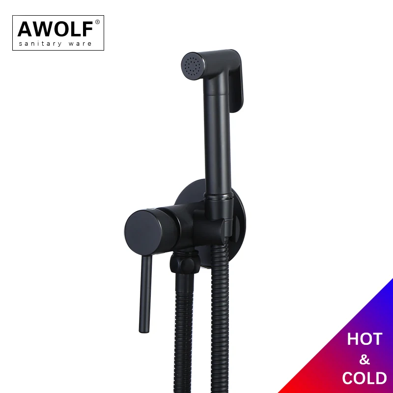 Awolf مات الأسود صحية دش الصلبة النحاس الساخن والبارد بيديه للحمام نظام البخاخ الحمام المرحاض الشطاف الحمار غسل AP2236