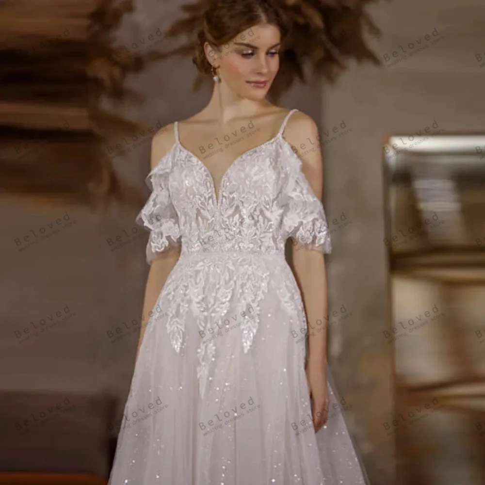 Abiti da sposa squisiti a-line Tulle abiti da sposa a strati Appliques di pizzo con paillettes abiti con spalle scoperte 2024 abiti da sposa