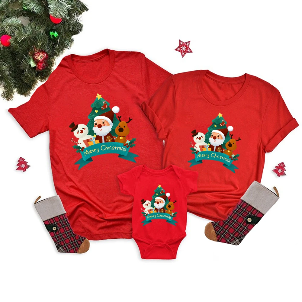 Christmas Clothes Family Matching Clothing Mother Father Daughter Son T-shirt Clothes Short Sleeve Adults Kids Tops Baby Romper