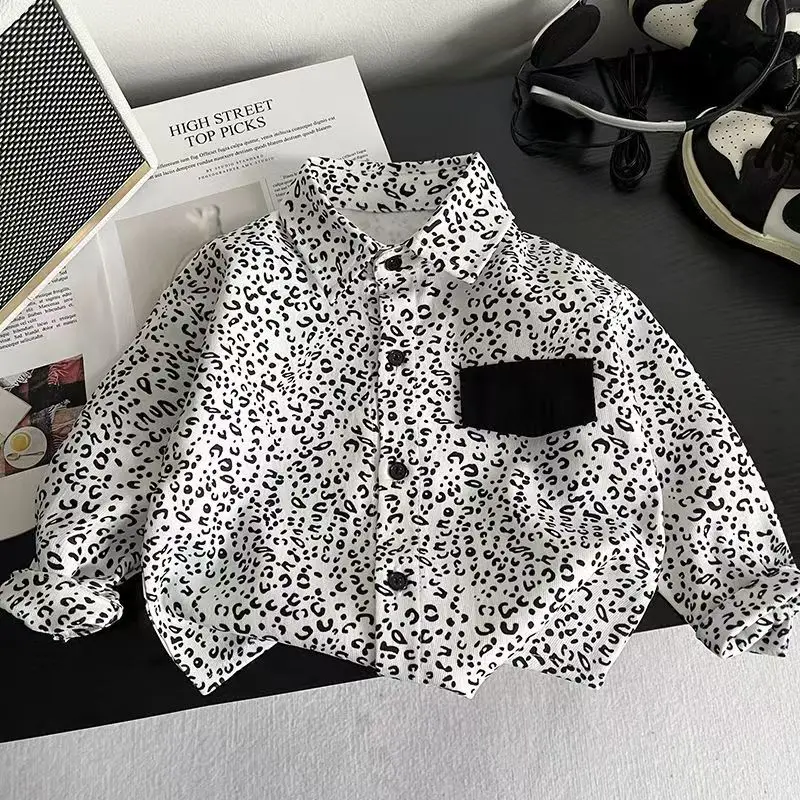 Children's Clothing 2026 New Korean Version Spring And Autumn Clothing Boys' Shirt Long Sleeved Boys' Leopard Print Top Jacket